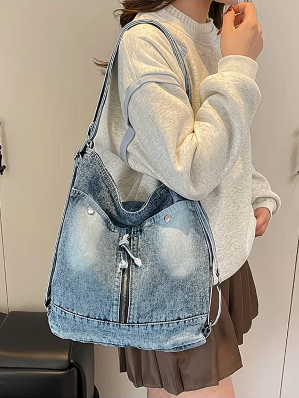 Casual Denim Hobo Bag - Light Blue